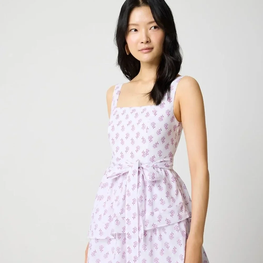 J. Crew White Violet Storm Sleeveless Belted Tiered Dress Size 4 23385